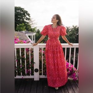 Agua by Agua Bendita Samba Red Maxi Puff Sleeve Patterned dress great condition